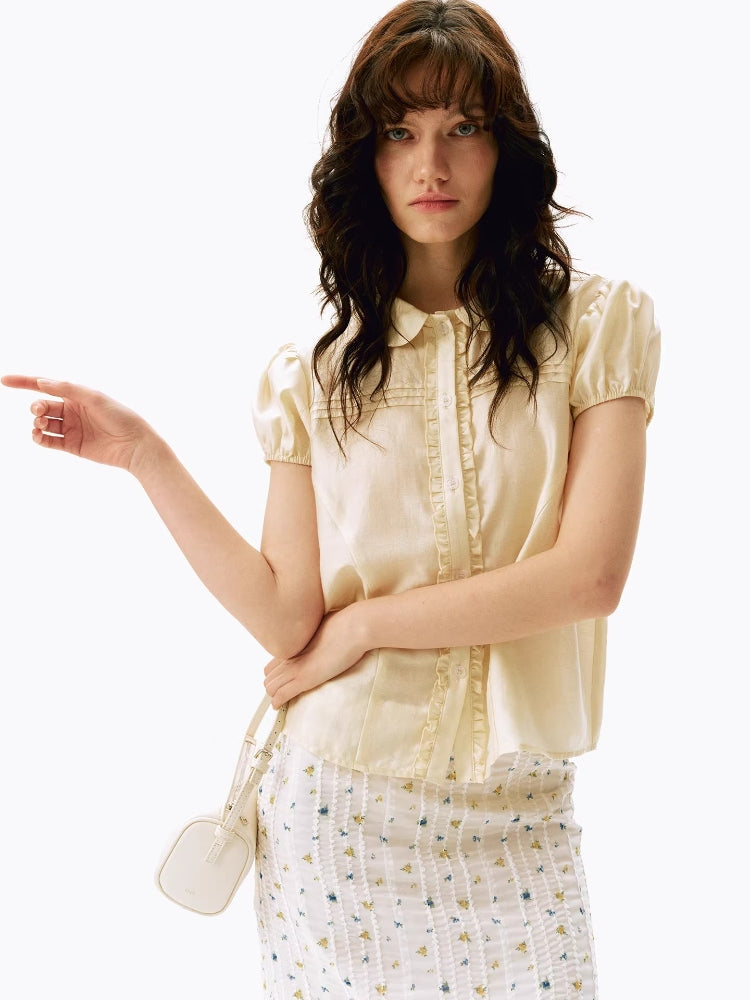 2AM POETRY Linen-Blend Shirt with Sheer Peter Pan Collar, Ruffled Sleeves, and Cropped Silhouette
