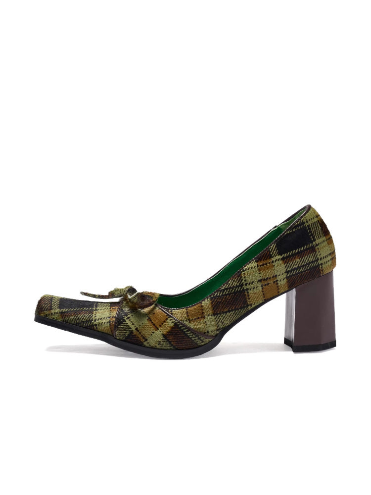 UBORYA British-Style Green Checkered Niche Horsehair Square-Toe Shoes