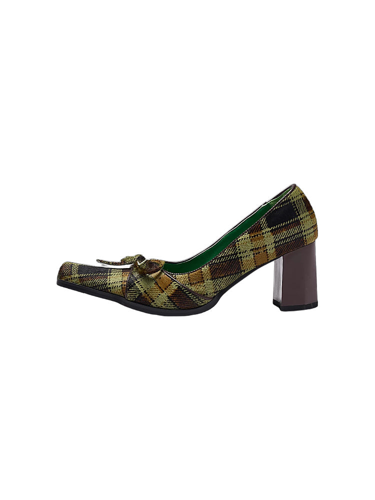 UBORYA British-Style Green Checkered Niche Horsehair Square-Toe Shoes