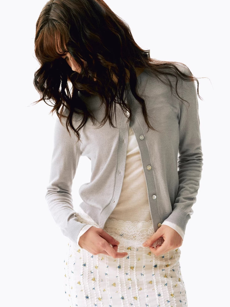 2AM POETRY 30% Wool Classic Short-Sleeve Cardigan with Straight Shoulders