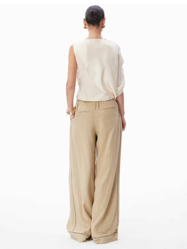 CNLEEWEI Luxury Detachable Floral Cape-Style Pleated Satin Blouse