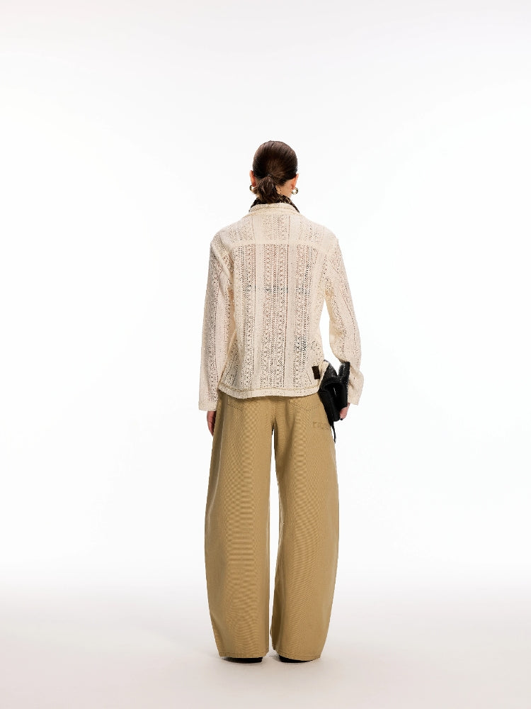 Dpercent All-Cotton Khaki Casual Pants with Color-Blocked Leather Straps, Straight-Cut Side Pockets, and Curved-Leg Silhouette