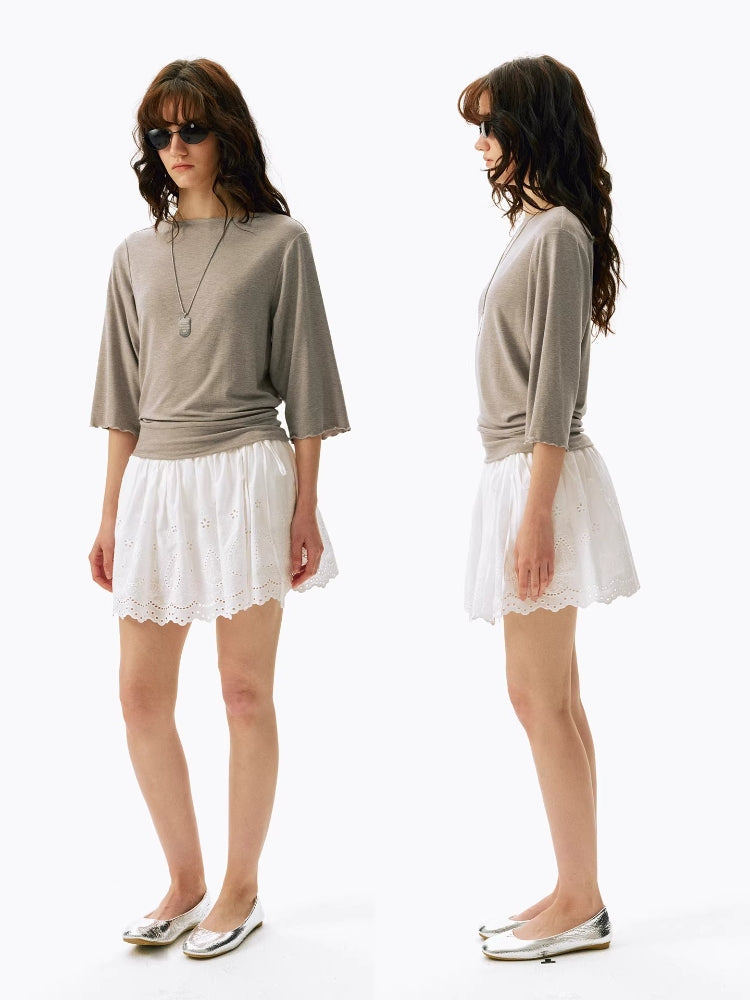 2AM POETRY Openwork Lace Embroidered Puff Skirt, A-Line Skirt, Pre-dyed Black and White Lace-Up Midi Skirt