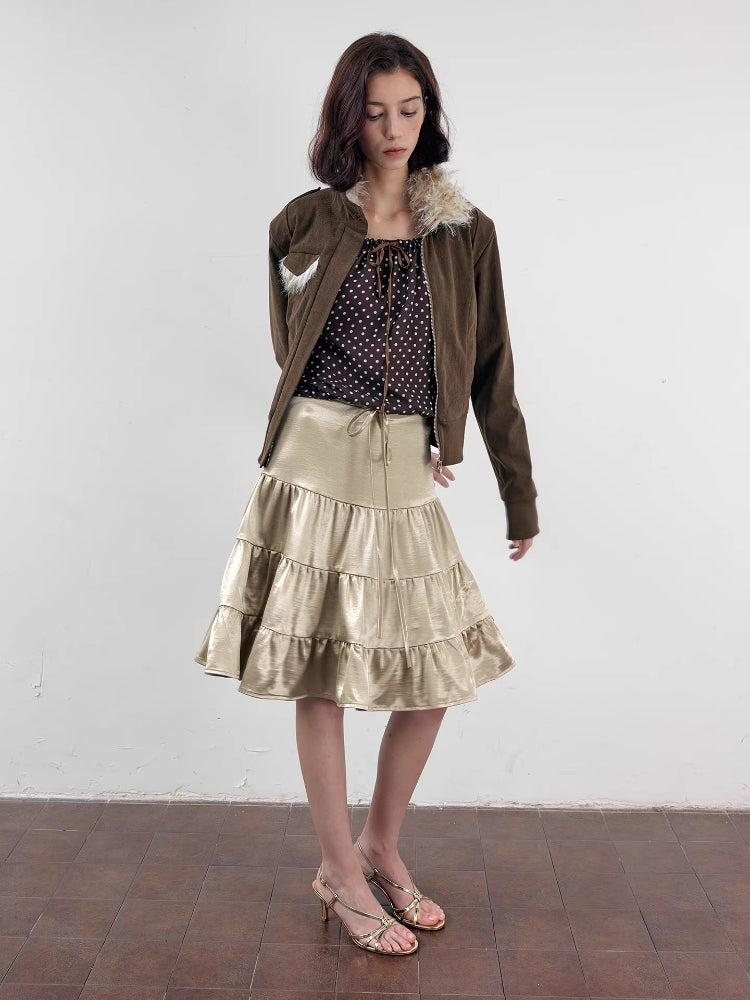 2AM POETRY Gold Pleated Skirt: Pleated, Drawstring Waist, Layered A-Line Midi Skirt