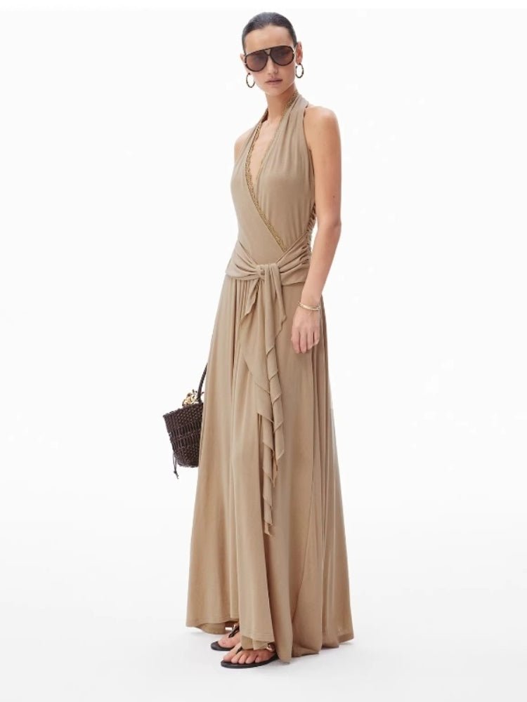 CNLEEWEI Romantic Layered V-Neck Halter-Neck Knit Dress with Tie-Front