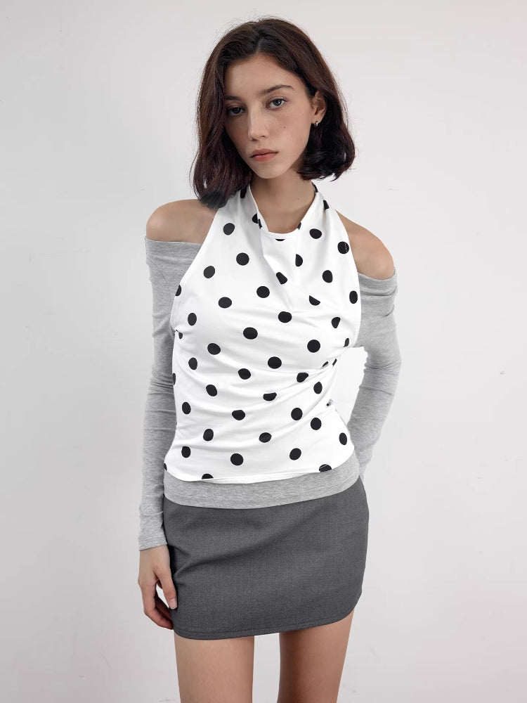 2AM POETRY Polka Dot Shirt: Two-Piece-Style Polka Dot Patchwork Halter-Neck Off-the-Shoulder Long-Sleeve T-Shirt