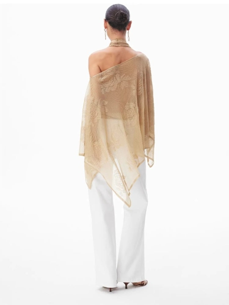CNLEEWEI Double-Knit, Double-Layer Fabric Rose Jacquard Sheer Lustrous Gold-Threaded Woolen Shawl