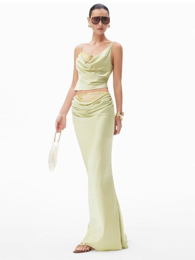 CNLEEWEI Acetate Satin Lace Mock Two-Piece Off-the-Shoulder Tank Top