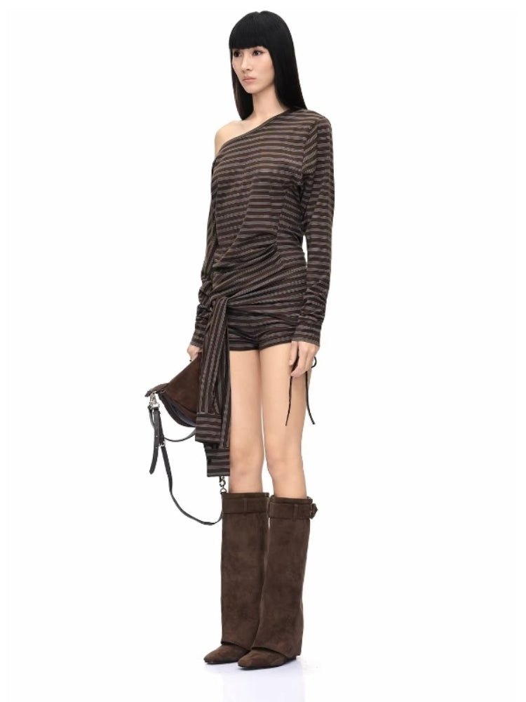 CNLEEWEI Striped Off-the-Shoulder Pleated Blouse and Wrap-Style Shorts Set