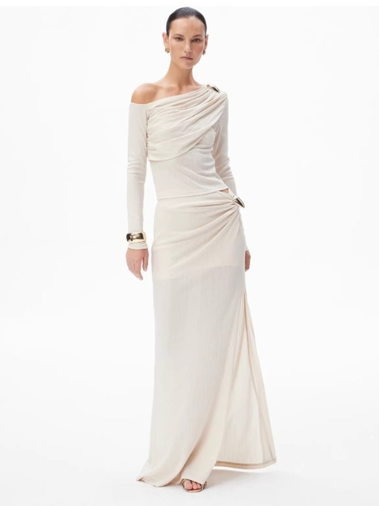 CNLEEWEI Detachable Metal Buckle Twisted Split-Front Knit Skirt
