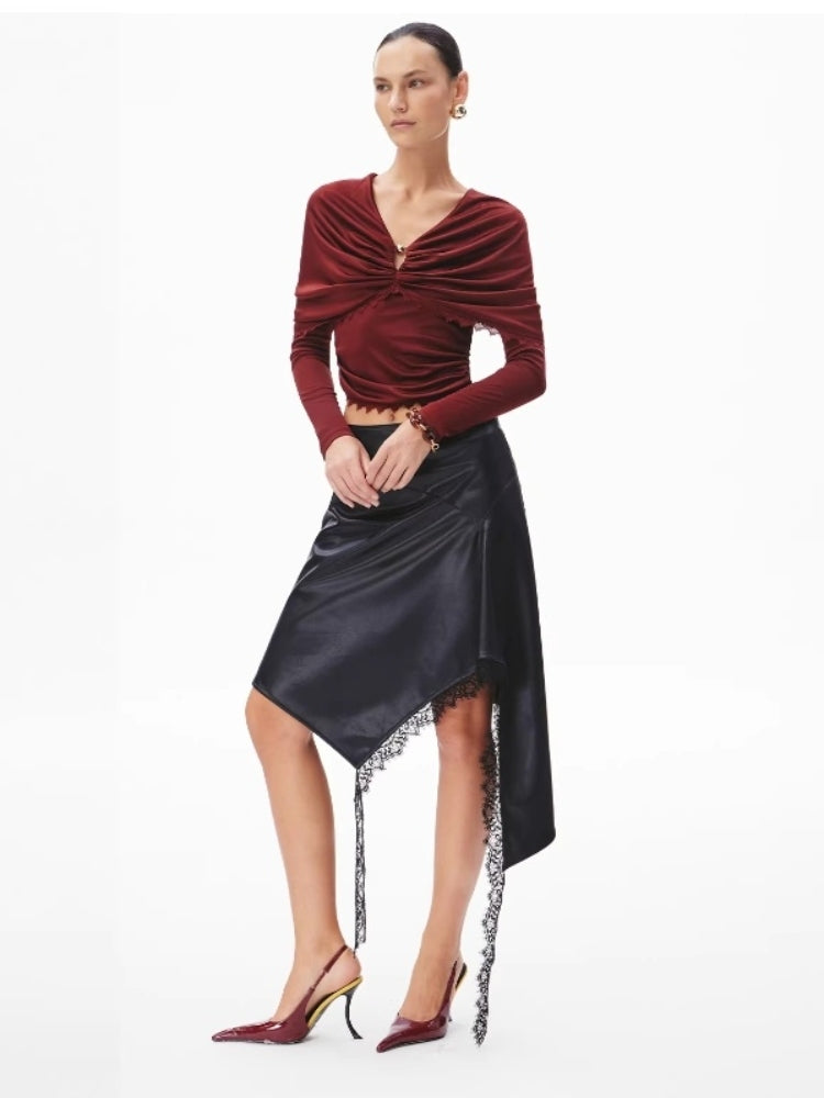 CNLEEWEI Lace-Paneled Pleated Wrap-Style Knit Top