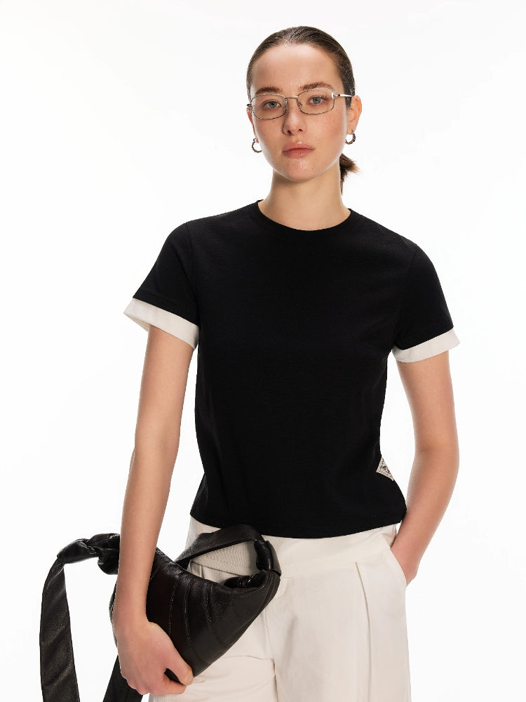Dpercent Recycled Fiber Classic Casual Oversized Color-Block Breathable, Flattering Faux Two-Piece Crew Neck T-Shirt