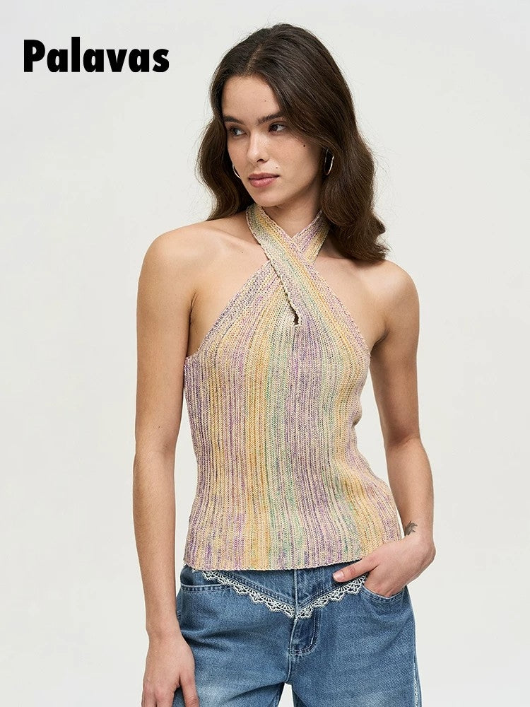 Sunset and Evening Breeze Cross-Over Neckline Knit Tank Top