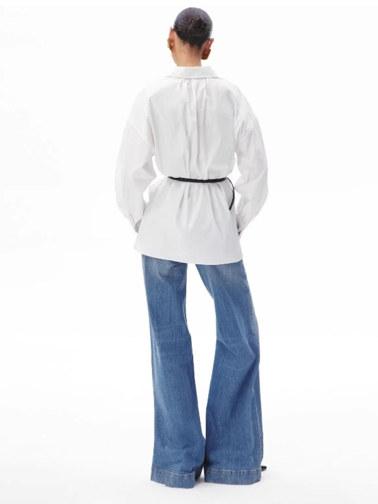 CNLEEWEI Detachable Color-Blocked Skin-Tight Belt with a Unique Pointed Collar and Puffed Sleeves Shirt