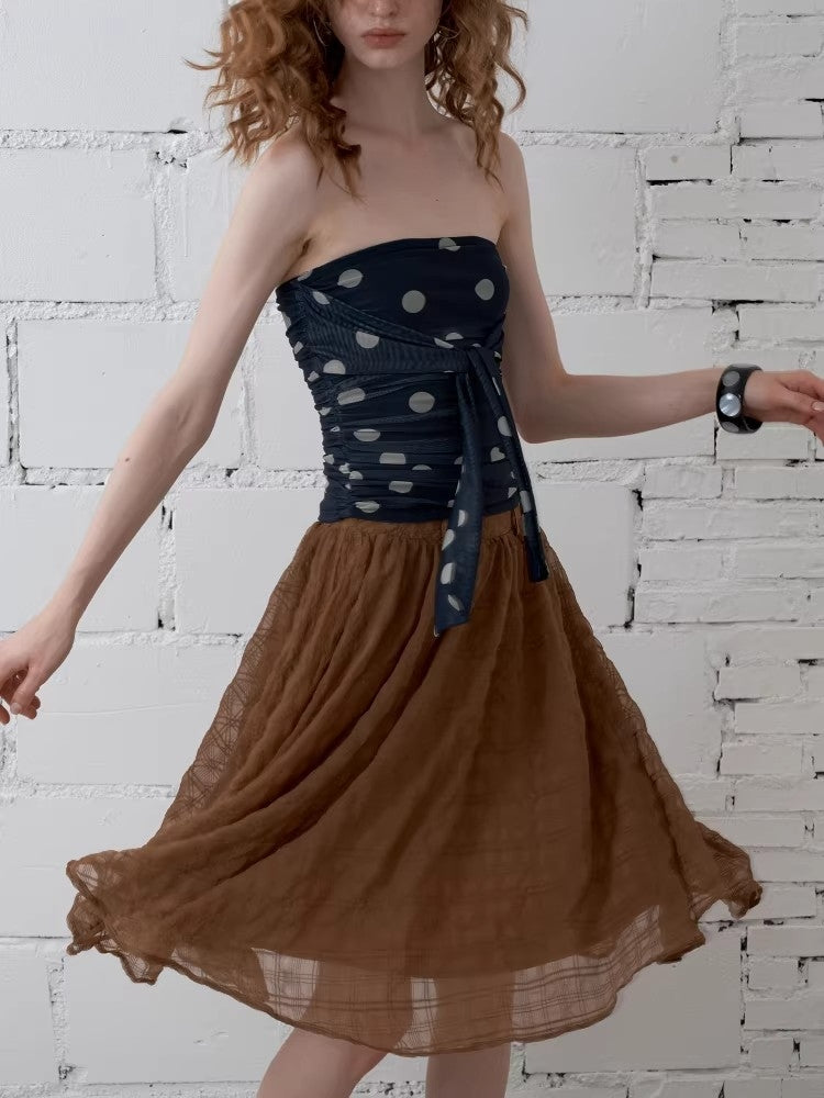 2AM POETRY [NATTY's Style] Fun Polka-Dot Tie-Front Ruched Bandeau Top