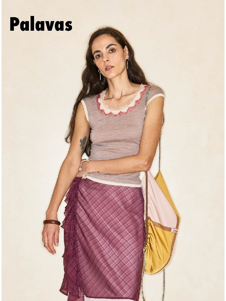 Twilight Pomegranate Lace Short-Sleeve Patchwork T-Shirt: A Unique, Designer-Style Top