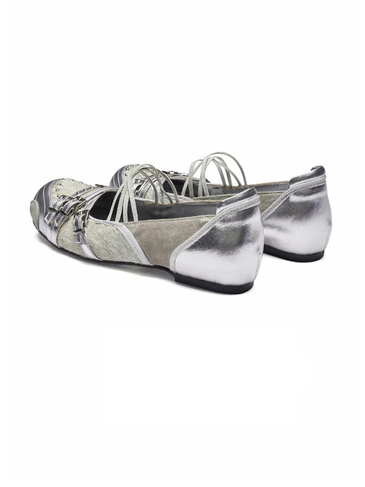 UBORYA Women's Shoes: New Arrival - Low-Cut Flat Genuine Leather Fashion Mary Jane Silver Round-Toe Slip-On