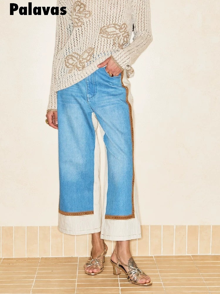 Patchwork Denim High-Waisted Straight-Leg Long Pants for Women by Boxi
