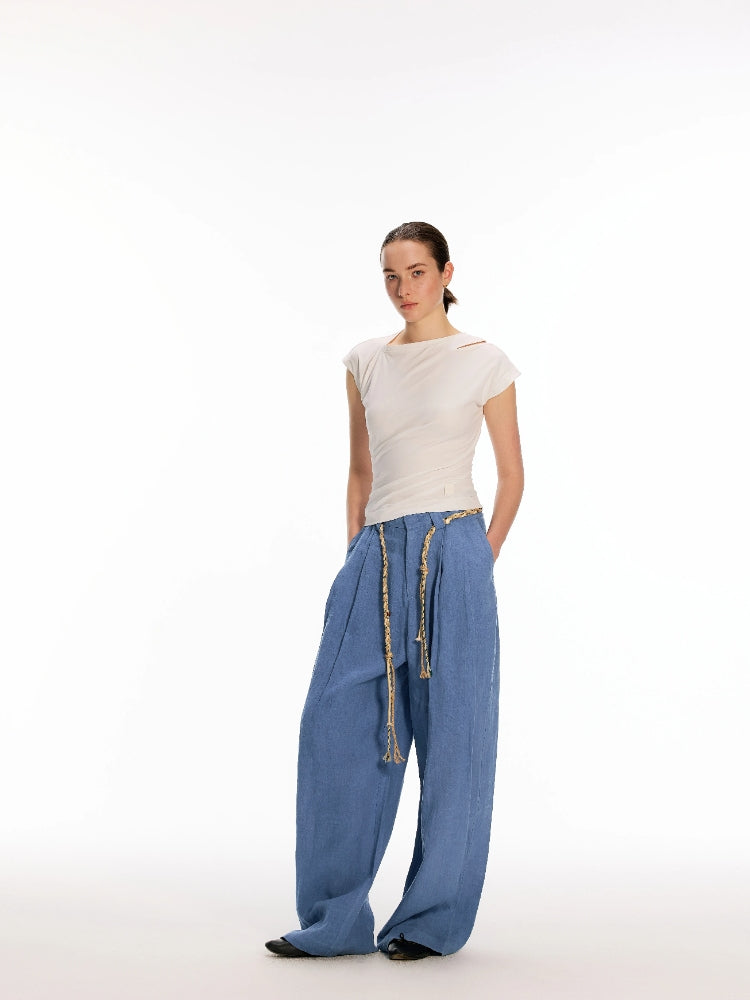 OZA GLOBAL FASHION DESIGNER BRAND 100% Linen, Yeast-Washed Textured Pleated Loose-Fit Wide-Leg Casual Trousers