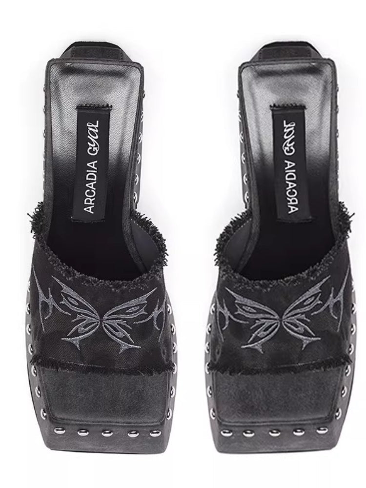 Arcadiagyal Original Design XG-Style Raw Edge Butterfly Platform Flip-Flops Y2K Lifted Sandals