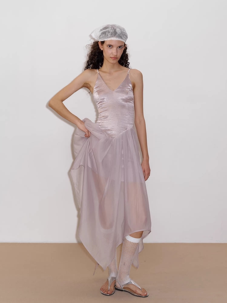2AM POETRY Shimmering Textured Irregular-Petal Pleated Patchwork Pink-Purple Tulle Dress