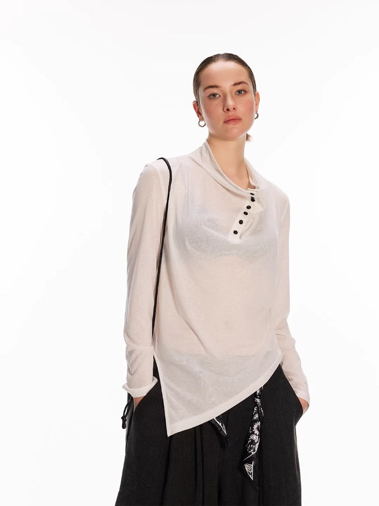 Dpercent Tencel-Linen Blend Color-Blocked Multi-Button Lightweight T-Shirt with Asymmetrical Hem