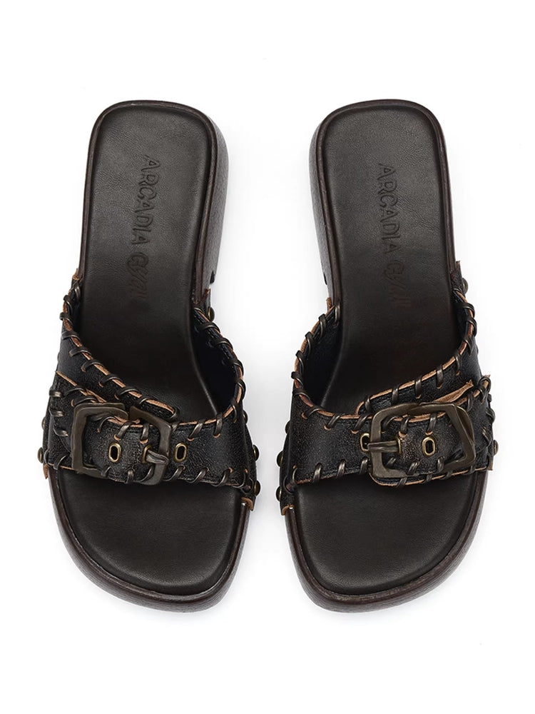 Arcadiagyal Original Design Woven Genuine Leather Platform Flip-Flops Toe Post Slippers Clogs