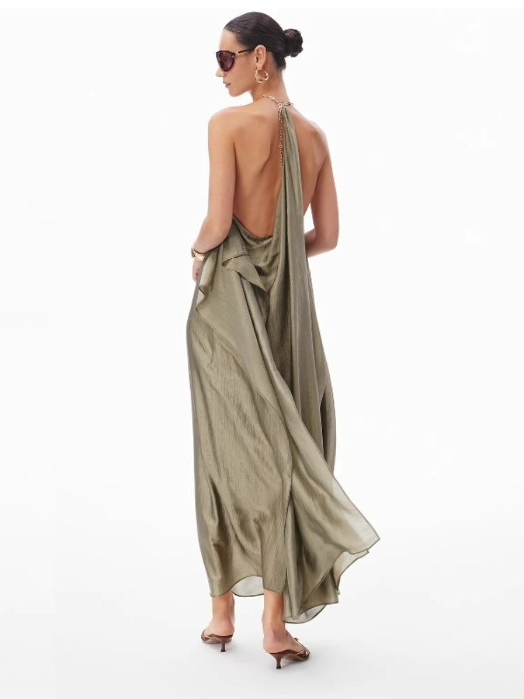 CNLEEWEI Detachable Chain-Strap Neckline-Cutout A-Line Dress