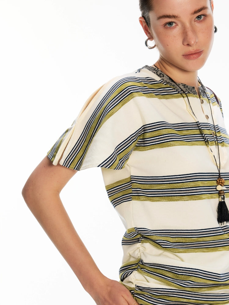 Dpercent Striped Patchwork Cashew-Print Henley-Neck One-Piece Slit T-Shirt with Cap Sleeves