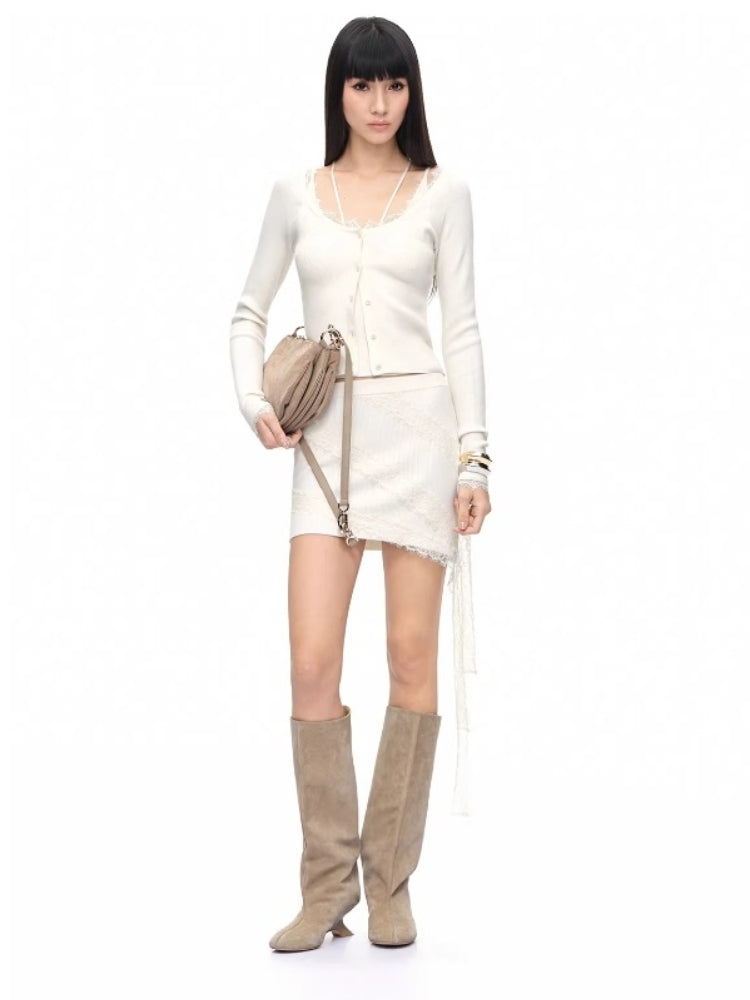 CNLEEWEI Women's Lace-Panel Deep V-Neck Knit-Textured Tank Cardigan Set