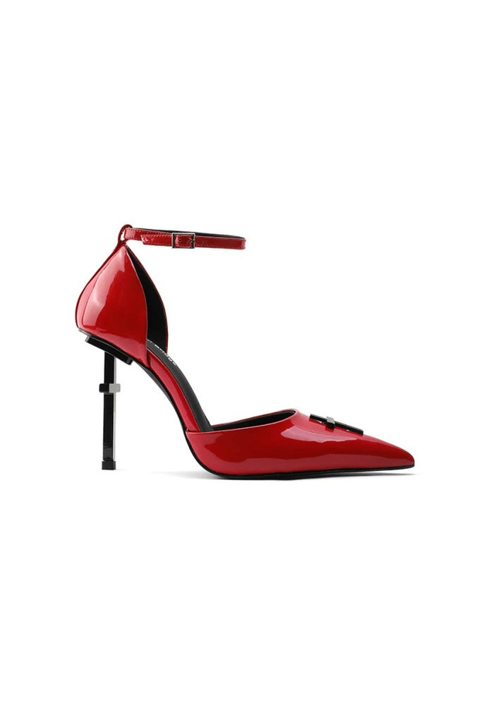 Patent Leather Ankle Strap Stiletto Pumps 10CM Cross Sculpted Heel Hollow Pointed Toe Avant-Garde Gothic Heels