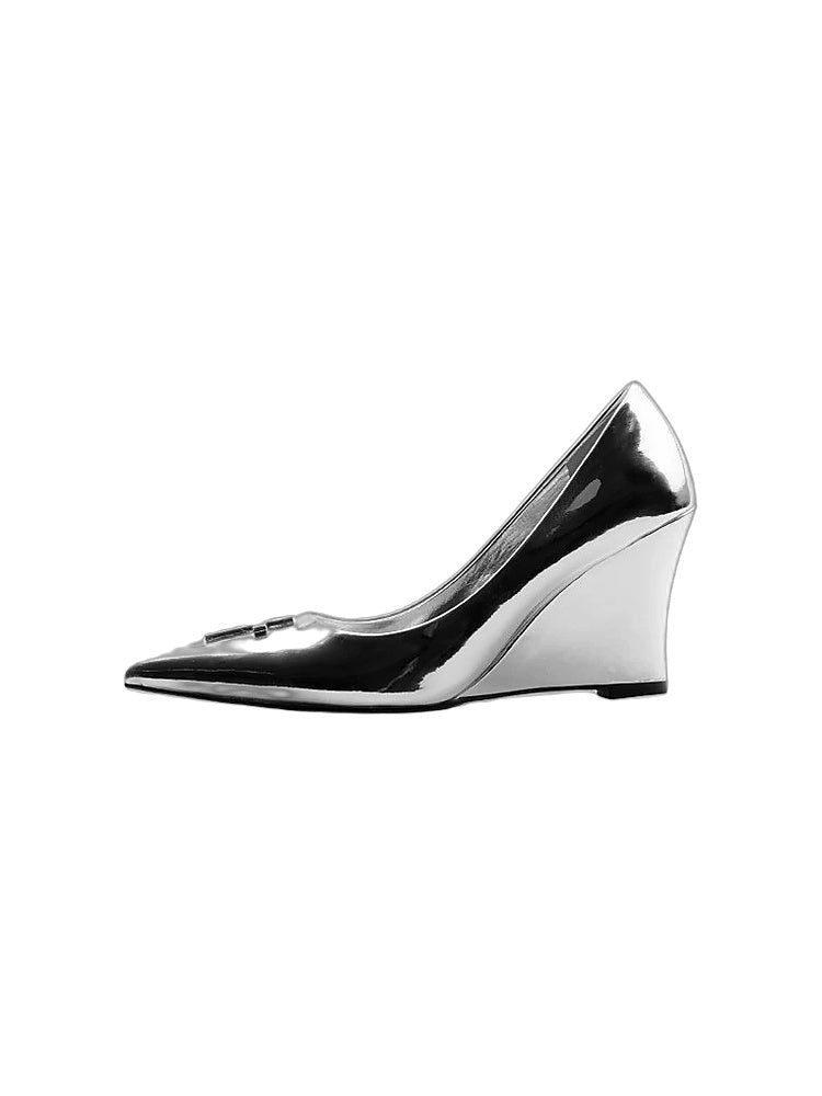 Silver Mirror Leather Wedge Heels