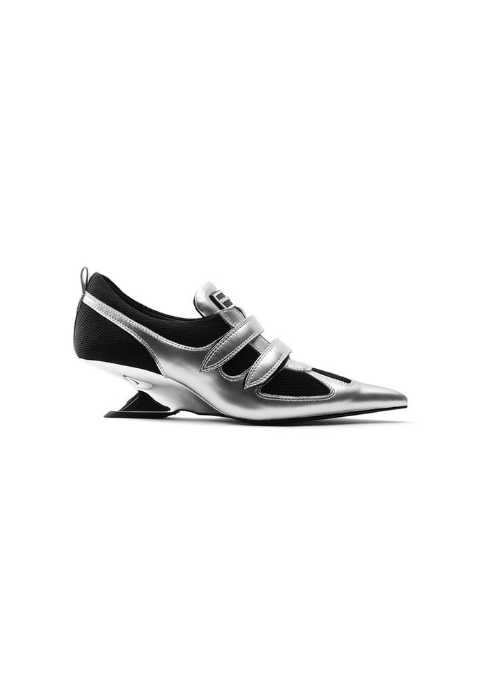 "Silverdash" Metallic Silver Cow Leather & Mesh Velcro Pointed Toe Sculpted Wedge Heel Avant-Garde Sneaker Pumps 5CM Futuristic Street Heels