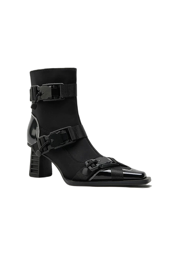 Techwear Stretch Satin Ankle Boots 6.5CM Grooved Block Heel Square Toe Quick Release Buckle Strap Gothic Booties