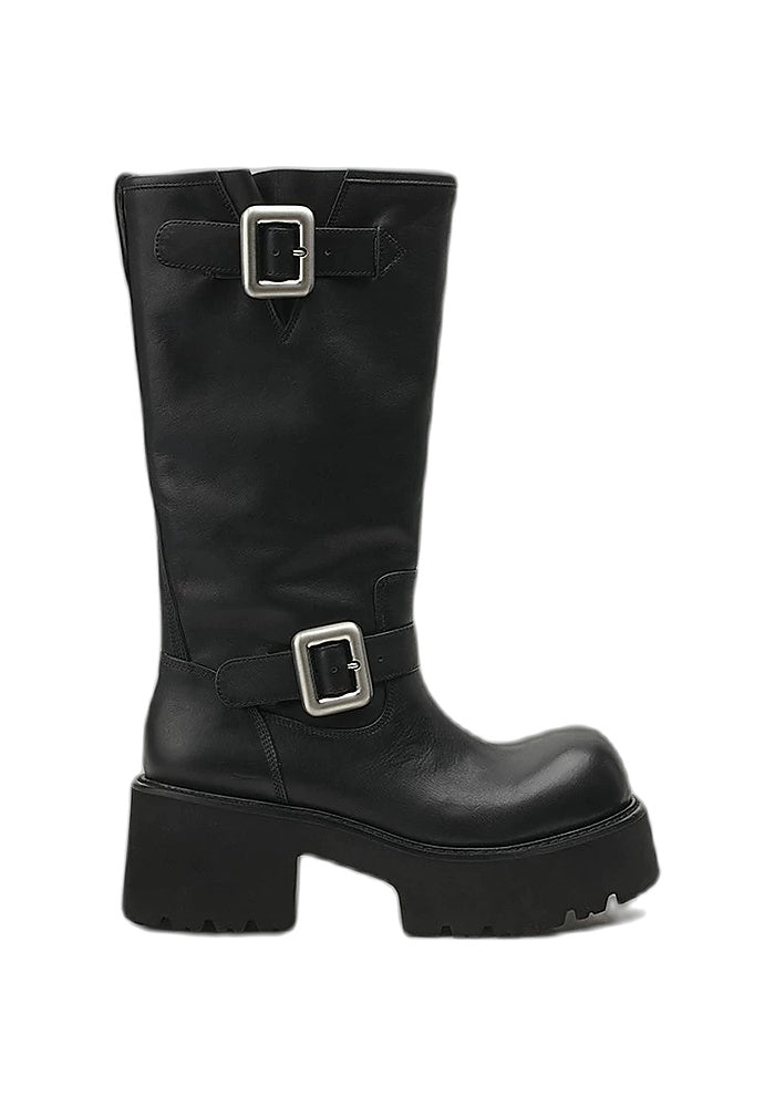 Leather Double Buckle Platform Mid-Calf Moto Boots 7CM Gothic Avant-Garde Block Heel Riding Boots