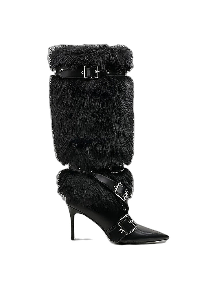 Night Hunt Faux-Fur Buckle Stiletto Boots