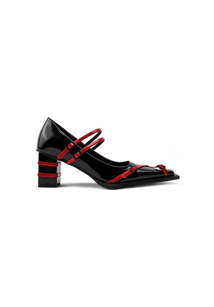 Patent Leather Red Contrast Strap Square Toe Mary Jane Pumps 6CM Color Block Block Heel Designer Heels
