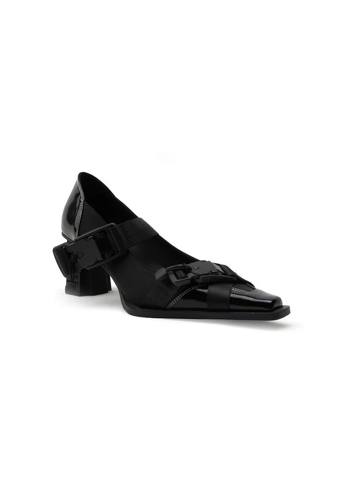 Techwear Buckle Strap Slingback Pumps 6.5CM Geometric Block Heel Square Toe Leather Heels