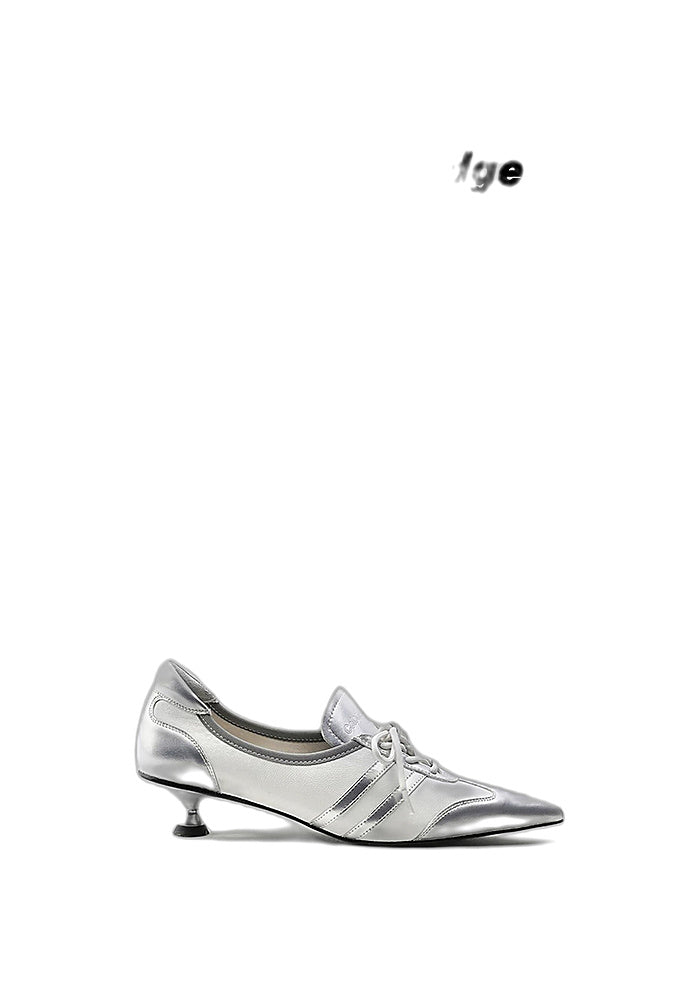Silvertrail" Metallic Silver Cow Leather Lace-Up Pointed Toe Low Kitten Heel Derby Pumps 3.5CM Futuristic Avant-Garde Dress Shoes