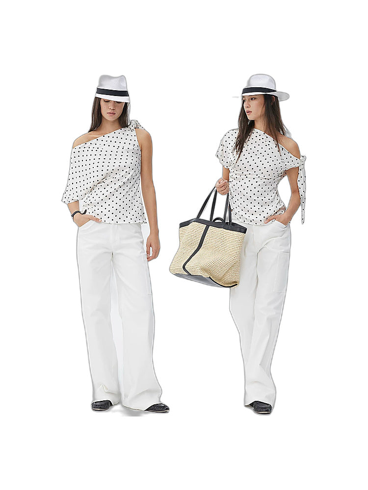 DPERCENT Polka Dot One-Shoulder Tie-Sleeve Top