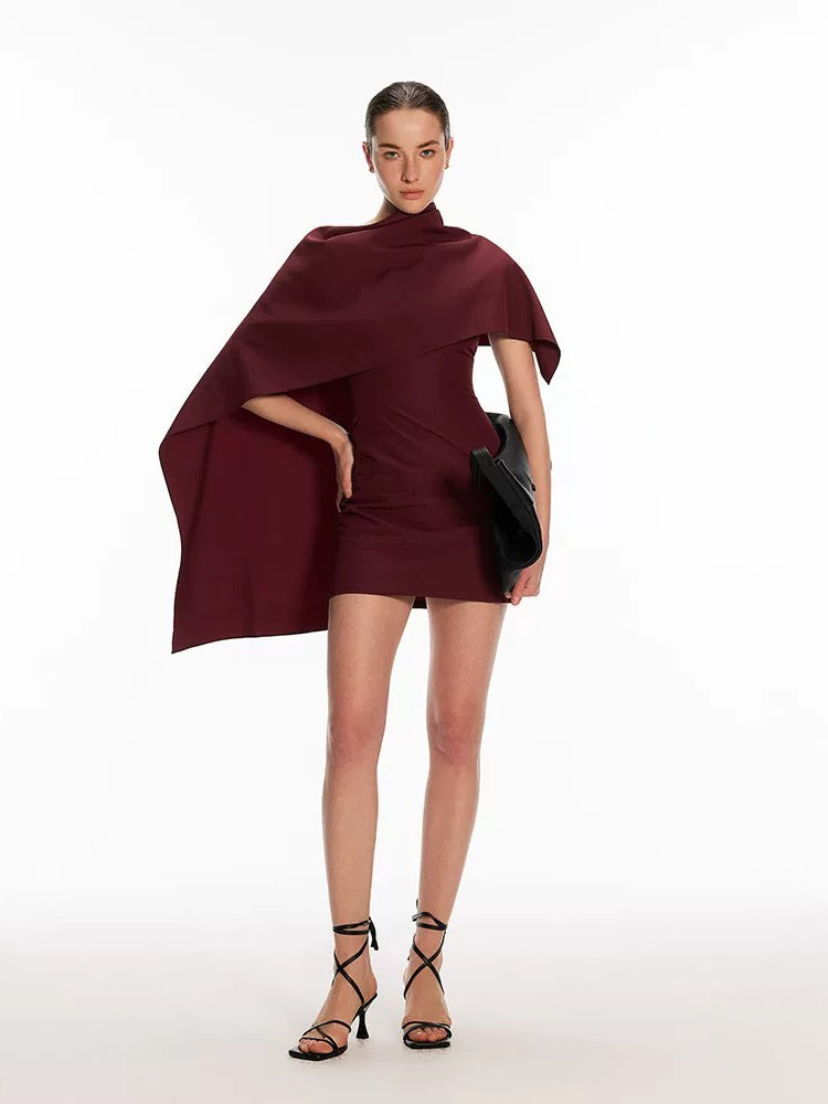 DPERCENT Polka Dot Mini Dress with Draped Cape Panel
