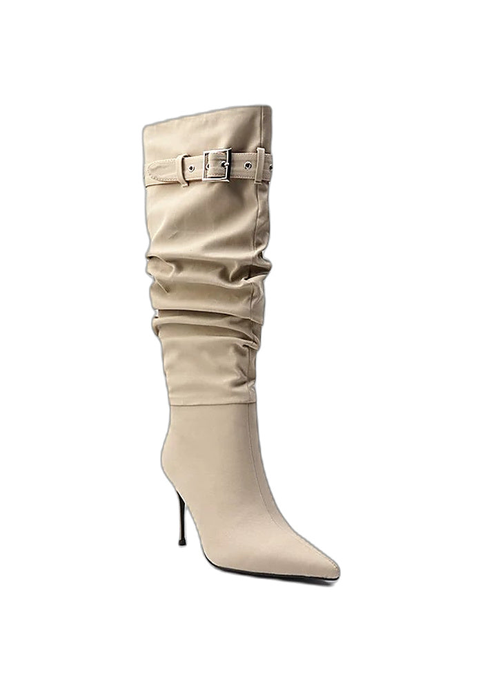 Ruched Buckle Knee-High Stiletto Boots Pointed Toe Avant-Garde High Heel Boots