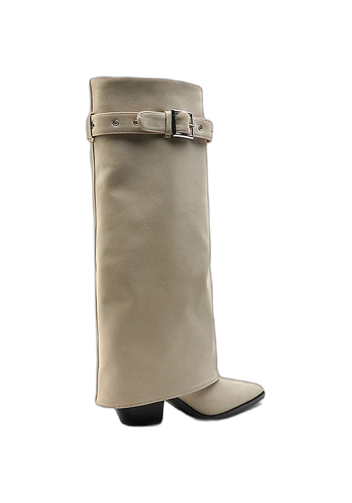 Calfskin Fold-Over Knee High Boots 6.5CM Block Heel Pointed Toe Adjustable Buckle Strap Western Tall Boots