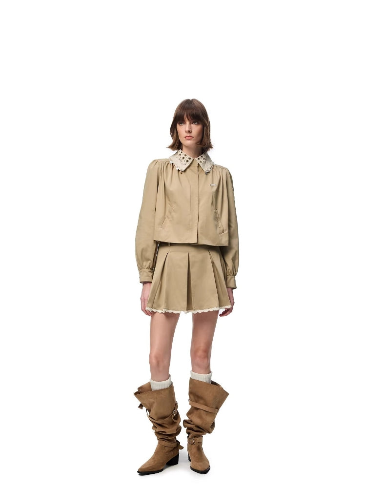 SHROENRO Lace Openwork Peter Pan Collar, Flowy Bubble Sleeves, Versatile Short-Sleeve Top