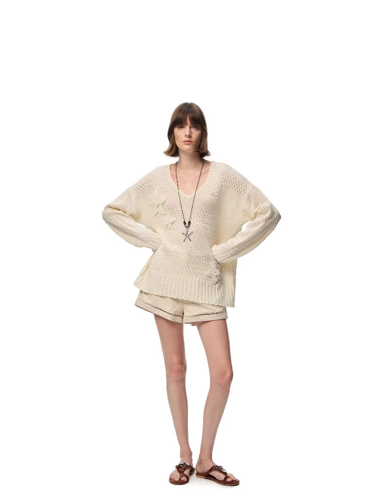 SHROENRO Floral V-Neck Openwork Knit Sweater for Women