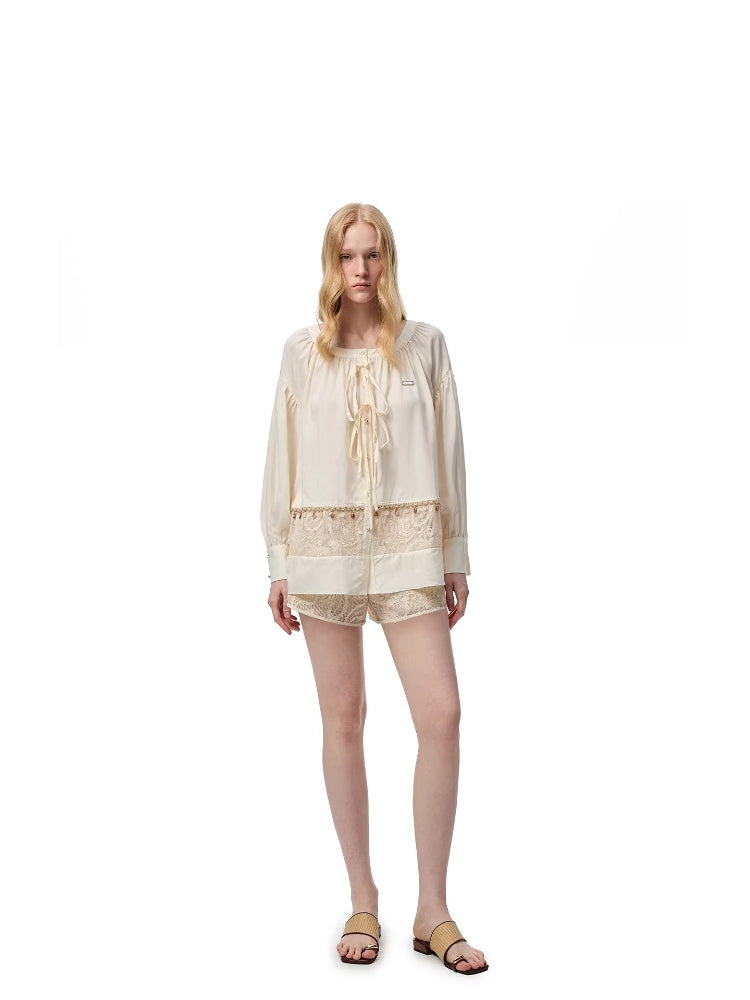 SHROENRO Heavy Industry Openwork Lace Patchwork Loose-Fit Shirt and Shorts Fashion Set