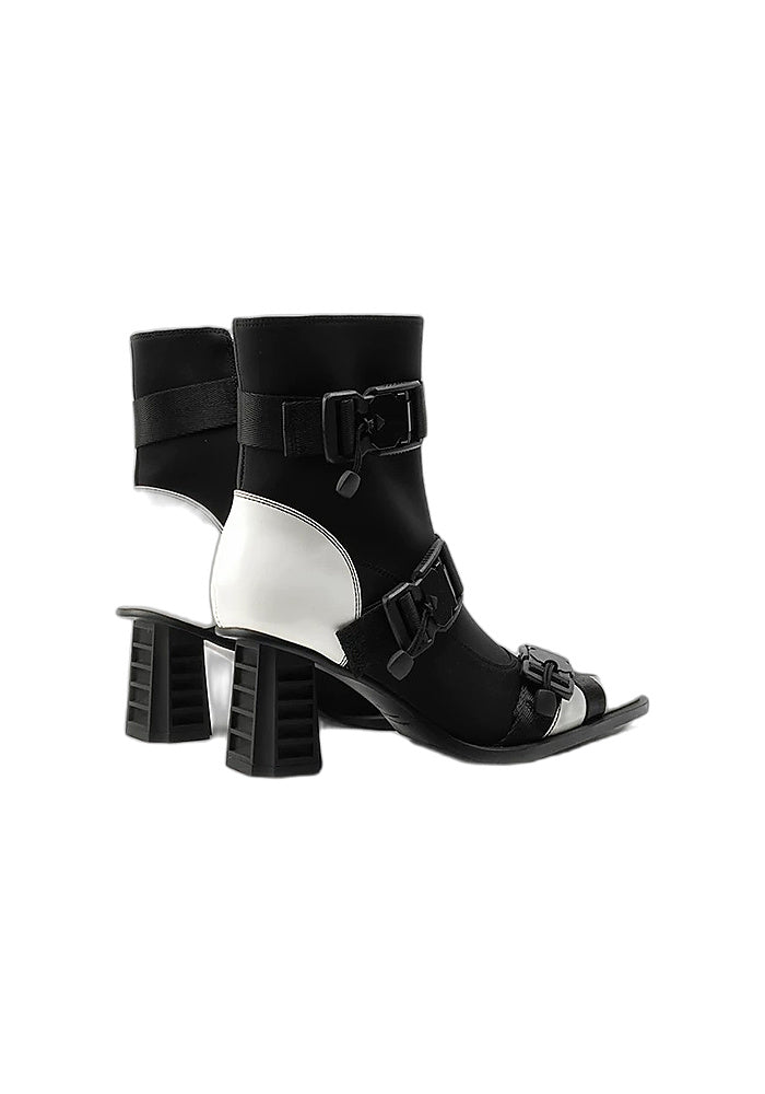 Block Techwear Buckle Ankle Boots 6.5CM Geometric Block Heel Square Toe Sock Booties