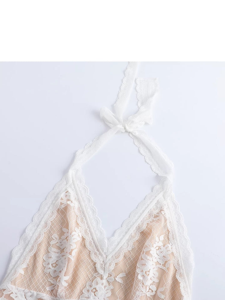 SHROENRO New Arrival: Relaxed-Fit Elegant Halter Neck V-Neck Lace Tank Top for Women
