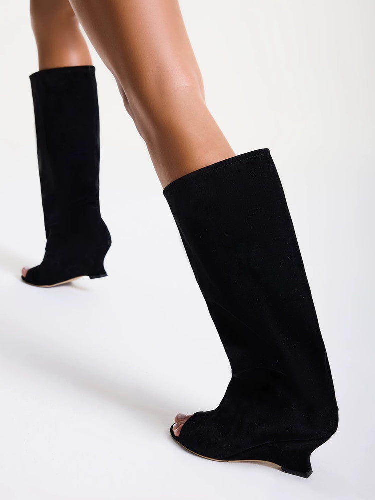 Peep-Toe Wedge Knee-High Boots