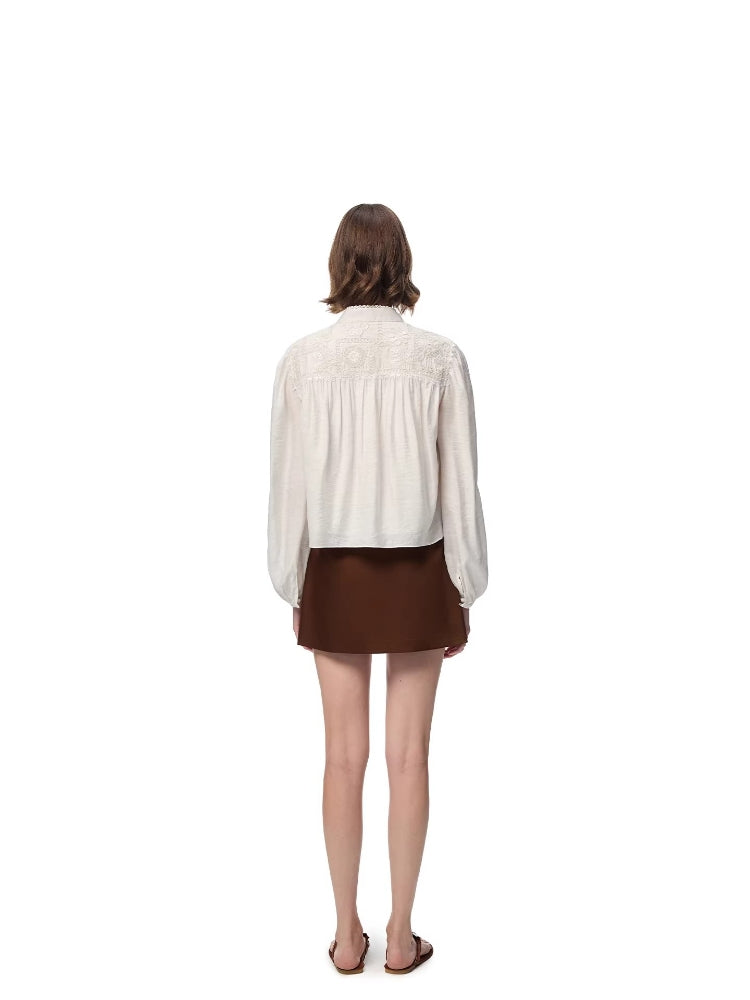 SHROENRO Heavy-Duty Embroidered Short-Stand Collar Drapey Loose-Fit Long-Sleeve Shirt for Women